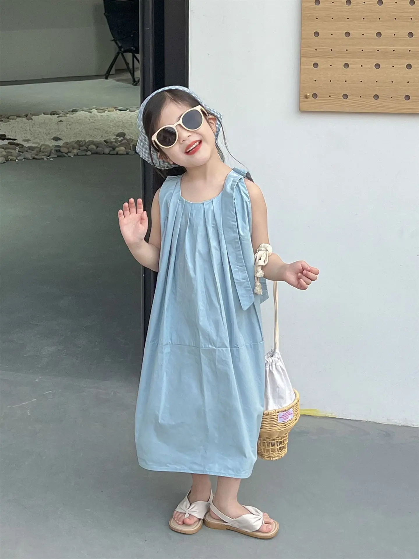 2024 Summer Korean Childrens Wear New Product Girl Style Tank Top Dress Fashionable Sleeveless Blue Gentle Dress