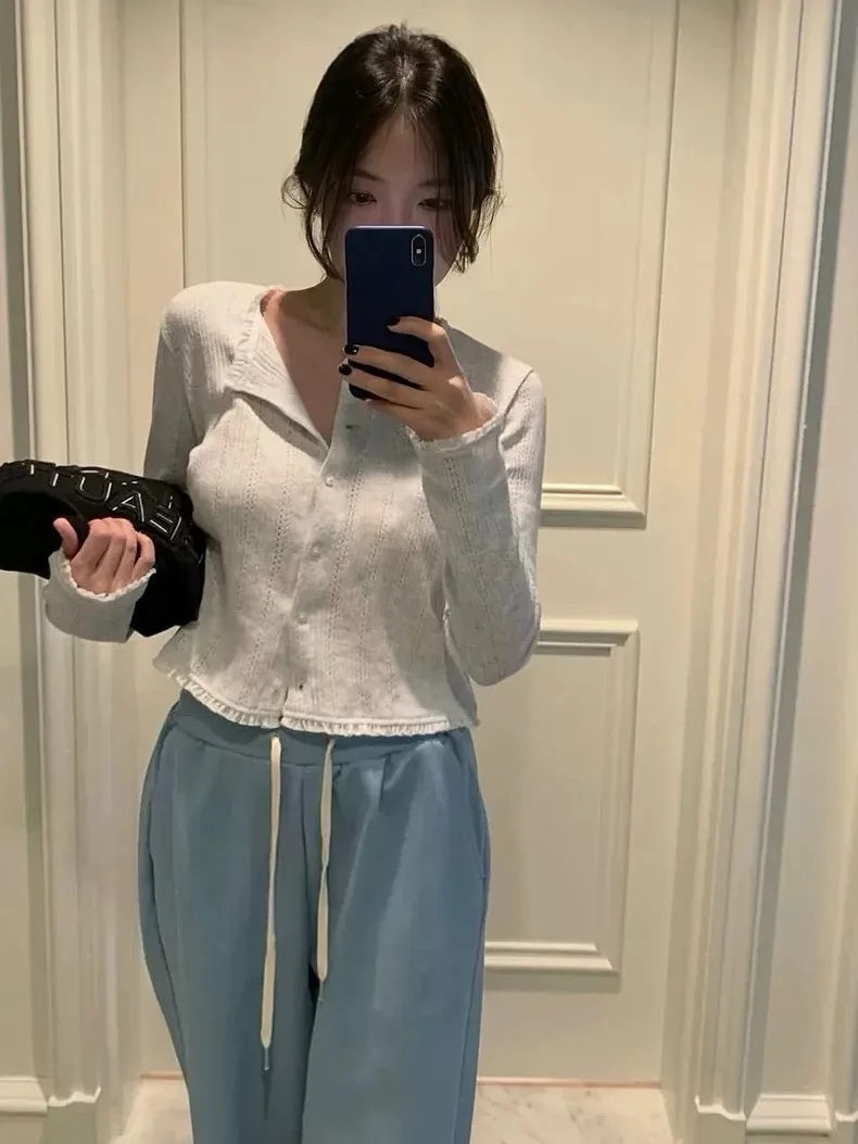 

Spring 2026 Gentle Style Women's Knitted Lace Hollow out Open Cardigan Loose Fit Long Sleeve round Neck Single Piece Pure Color