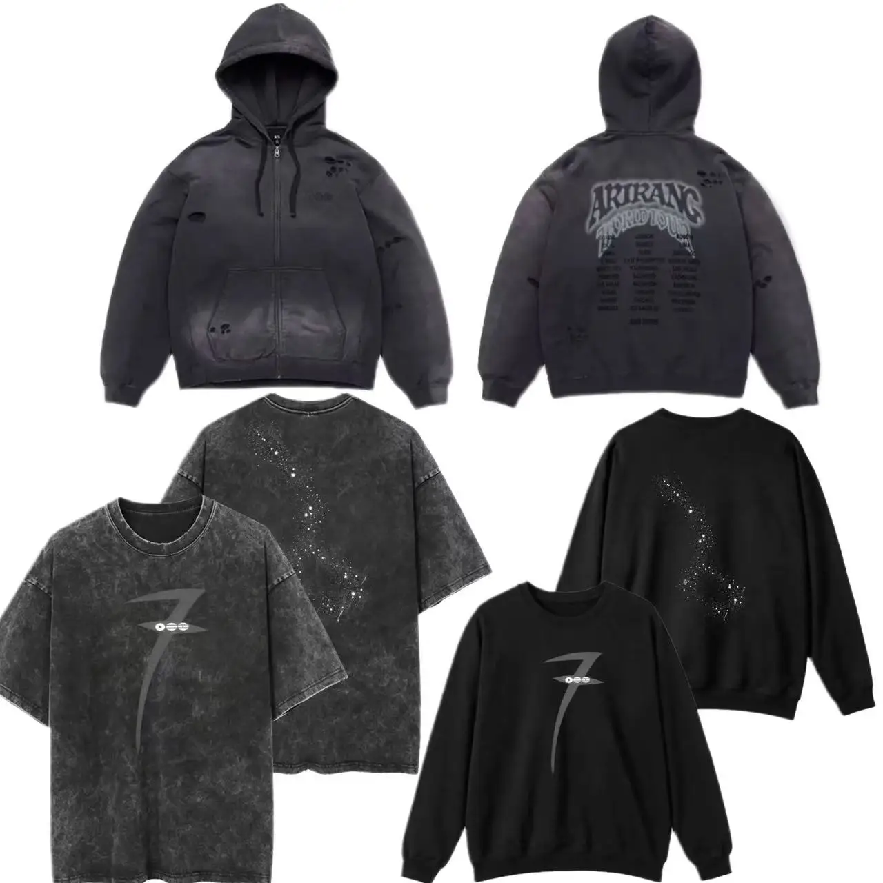 2026 Arirang Moletom Cropped Cinza Lavado com Zíper, Detalhe de Número em Patch com Corte Cru, Estilo Solto Casual Urbano, Jaqueta para Fãs, Bolsa Ver