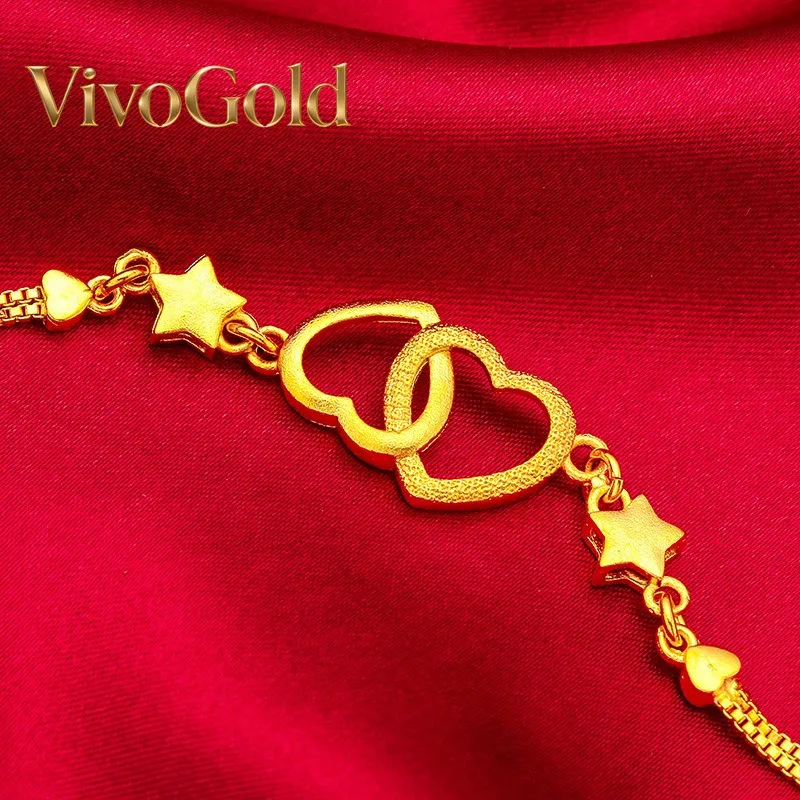 

Браслет VivoGold Double Heart для женщин, 24-каратное золото, AU999, полированные соединенные сердечки с бриллиантами на изящной цепочке.