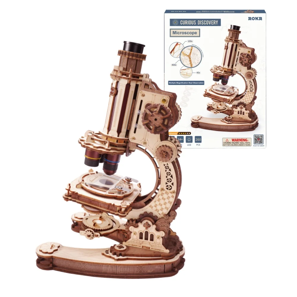 Kit de construction de modèle mécanique ROKR, microscope fonctionnel réel, grossissement 400X, décoration de bureau scientifique vintage, cadeau pour femmes et hommes