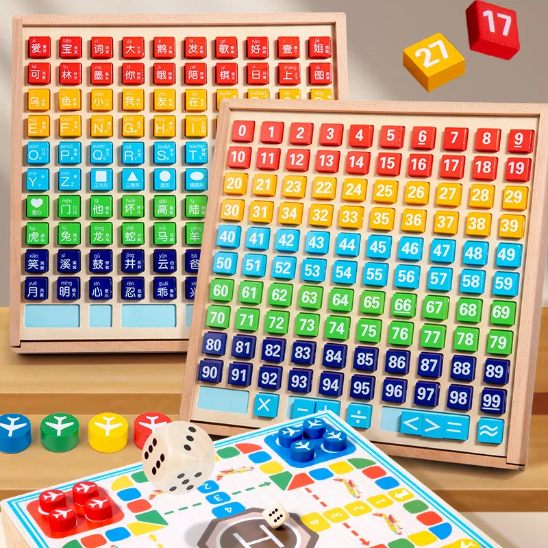 LazyChild Kids Wooden Number Addition Subtraction Hundred Board Thinking Teaching Three In One Chinese Character Flying Chess