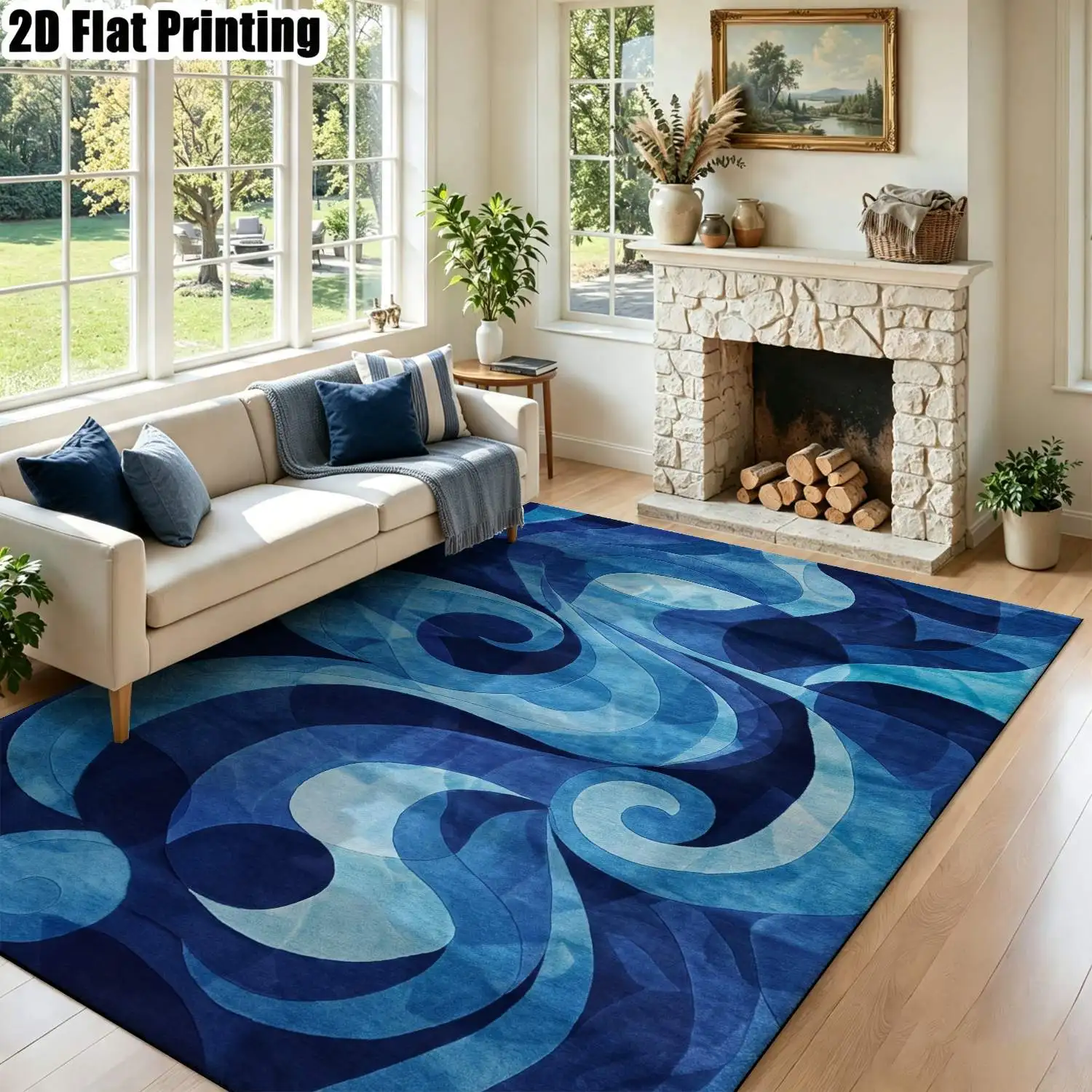 1Pc 2D Printed Nordic/Modern Minimalist Abstract Swirl Carpet, Blue & White, Machine Washable, Multi-Size, Ideal for Home Decor Such as Entryway, Dining Room, Living Room, Bedroom