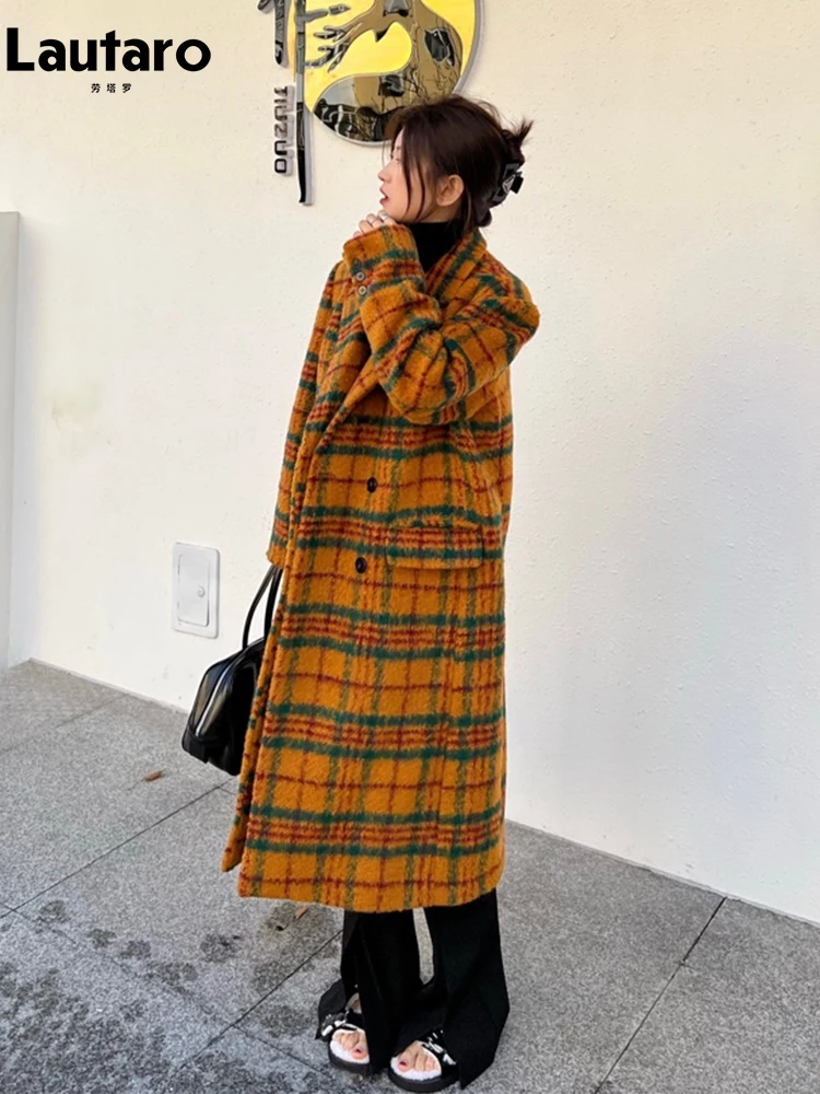 Lautaro Autumn Winter Long Loose Retro Colorful Plaid Woolen Trench Coat for Women Double Breasted Luxury Designer Clothes 2022