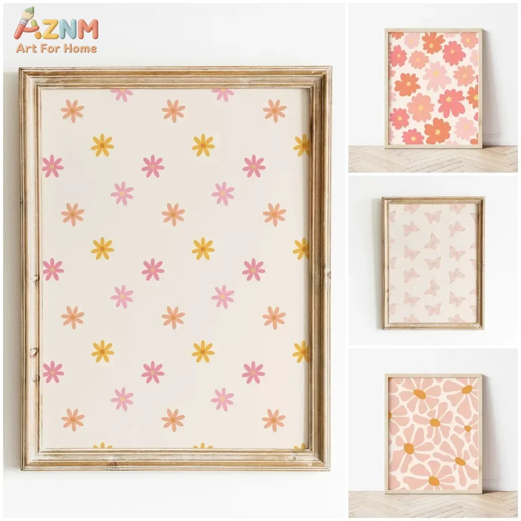 AZNM Boho Pink Floral Palm Butterfly Canvas Print, Retro Checkerboard Pattern Unframed Canvas Painting, Girls Bedroom Wall Art D