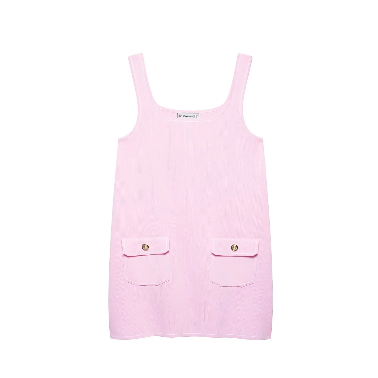 

Summer Pink Knitted Strap Dress Women French Sweet Sleeveless Pockets Decoration Mini Dresses Elegant Party Vestidos