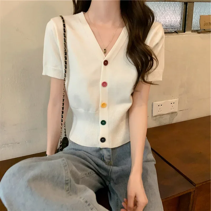 

Short Sleeve Knitted Women Sweater Crop Top V Neck Single Breasted Sweater Female Loose Thin Clothes Summer Pull Femme