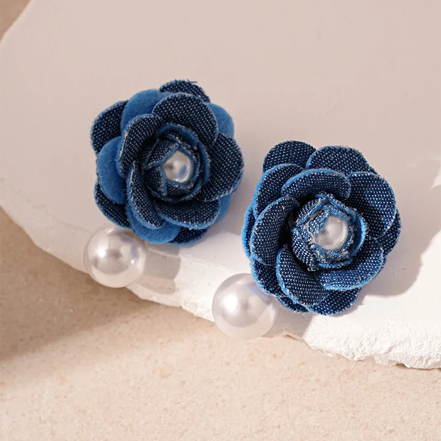 Trendy Denim Blue Fabric Pearl Flower Stud Earrings for Women Sweet Rose Earrings Versatile Wedding Party Jewelry Gifts