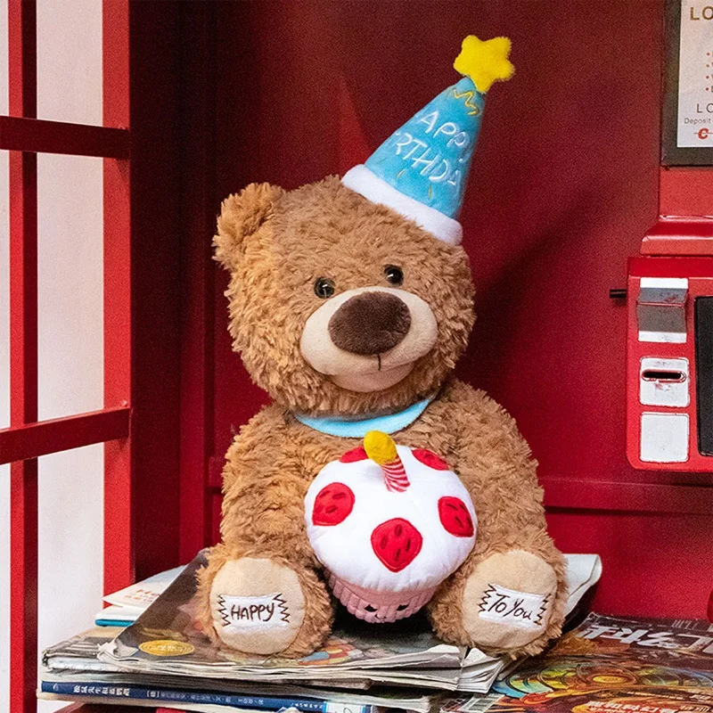 Ours en peluche électrique mignon avec chapeau d'anniversaire, jouets éducatifs précoces pour bébé, jeu coule chantant, décoration d'intérieur, cadeau pour enfant, 35cm