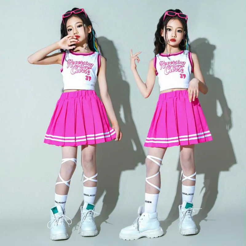 Children Hip Hop Summer Clothes Sets T-shirt Street Dance Skirt Girls Crop Top Cute Outfits Kids Jazz Cheerleader Costumes