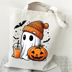 Funny Halloween Kids Tote Bags Cute Ghost Design Canvas Shopping Bag Funny Halloween Skeleton Pumpkin Print Purses and Handbags