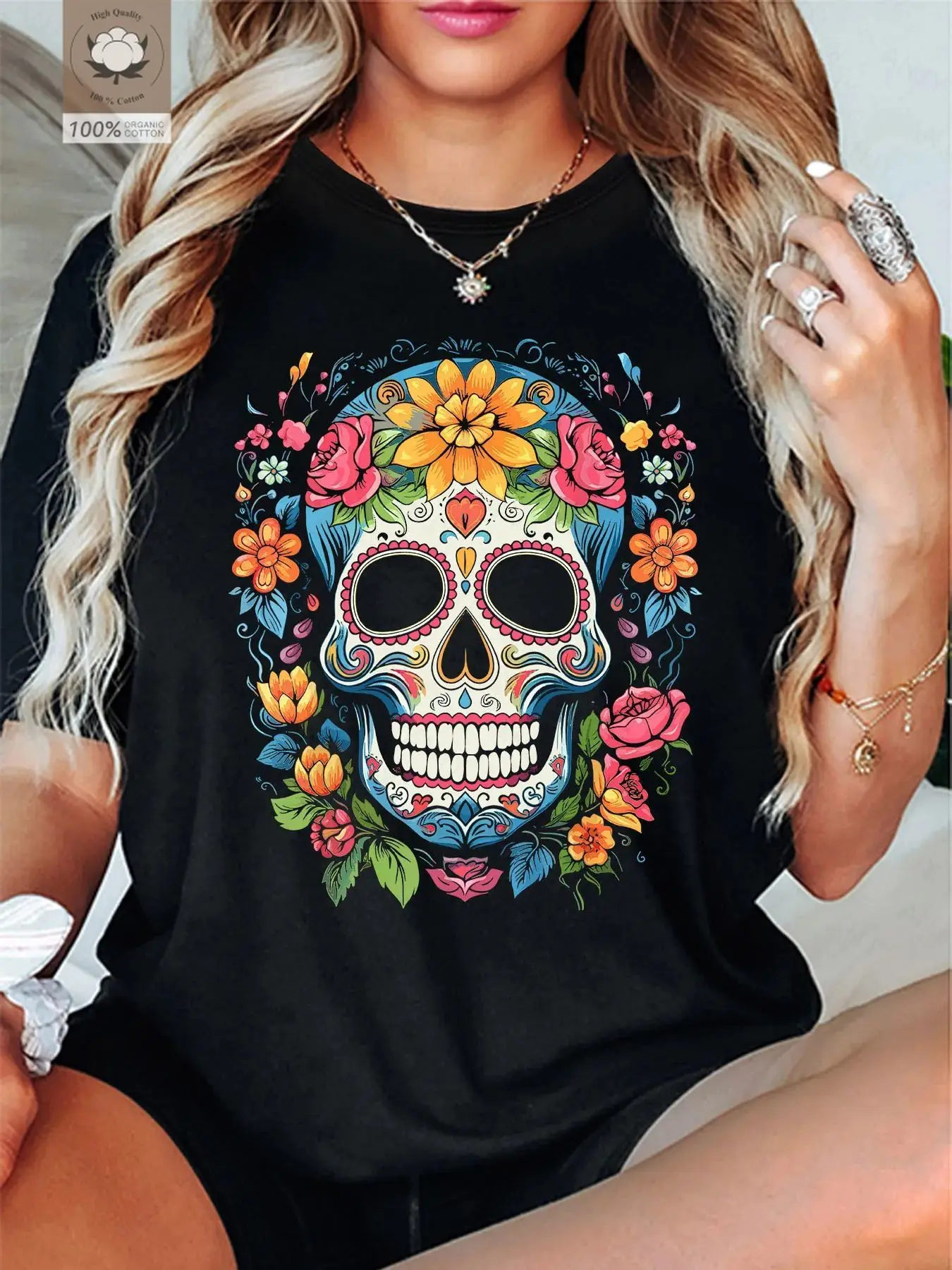 Sugar Skull Women T Shirt Dia De Los Muertos Day of The Dead Mexican Skeleton Gothic Halloween Vintage Graphic Tee Tops