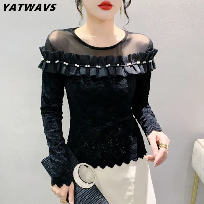 M-3XL New Arrivals European Lace T-Shirt Sweet Girl Mesh Patchwork Beading Tops Sexy O-Neck Long Sleeve Women All Match Tees