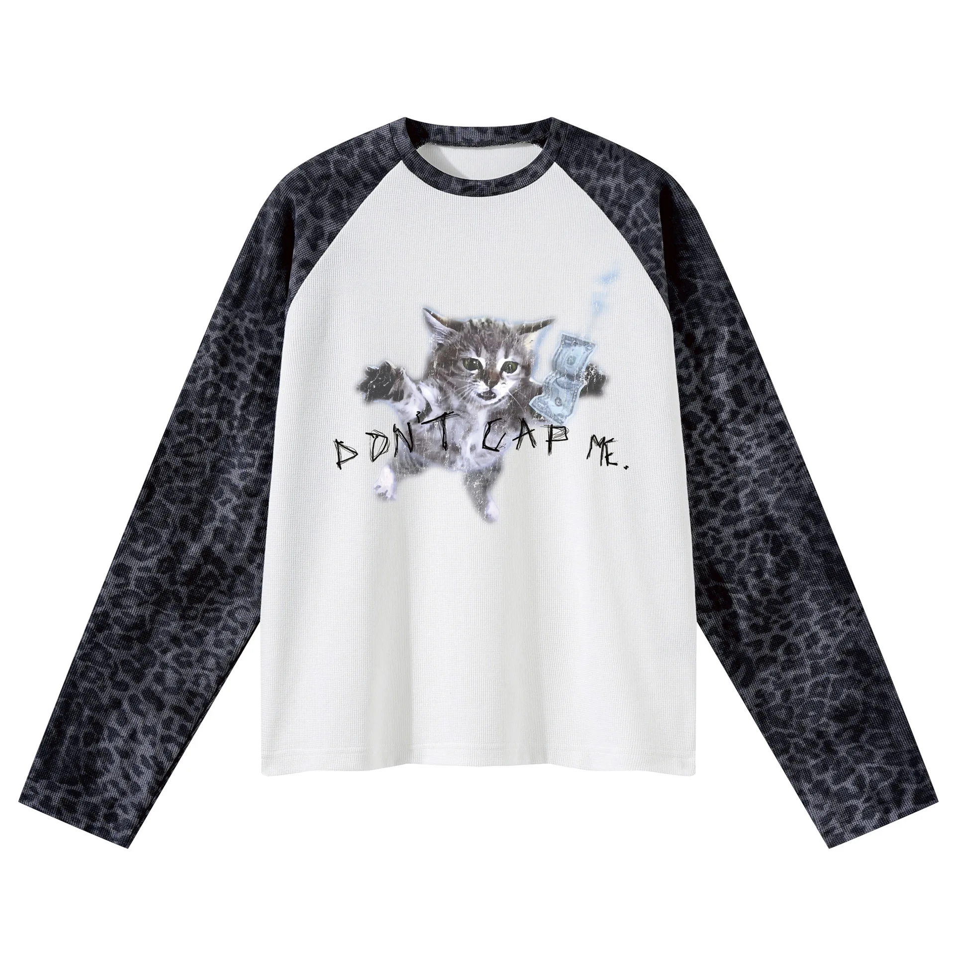 American Vintage Long Sleeve T-shirt New Arrival Leopard Kitten Print Crew Neck Long Sleeve Top Casual Streetwear Tee