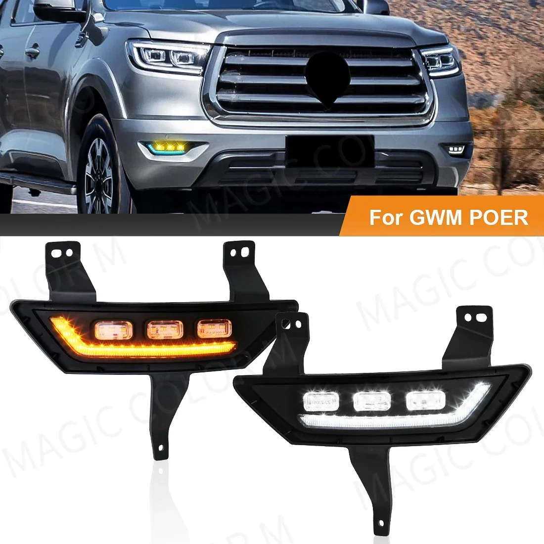 

3 Colors LED Fog Lamps DRL Car Turn Signal Car Accessories for GWM Great Wall POER 2021 2022 Auto Daytime Running Lights 12V