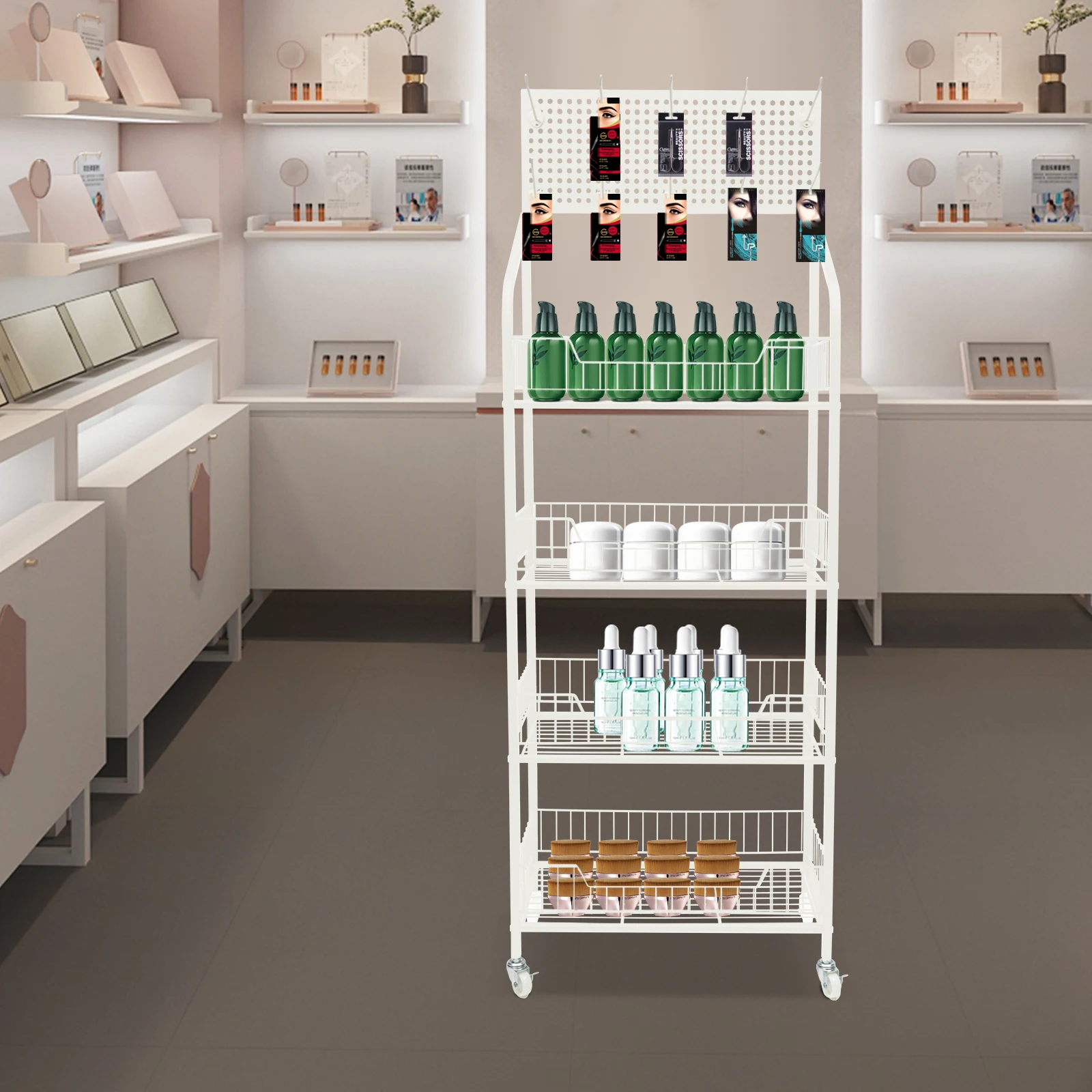 

White Iron 50*27*140cm Four-story Display Rack Wheeled Hook Retail Rack Mobile Storage Display Rack