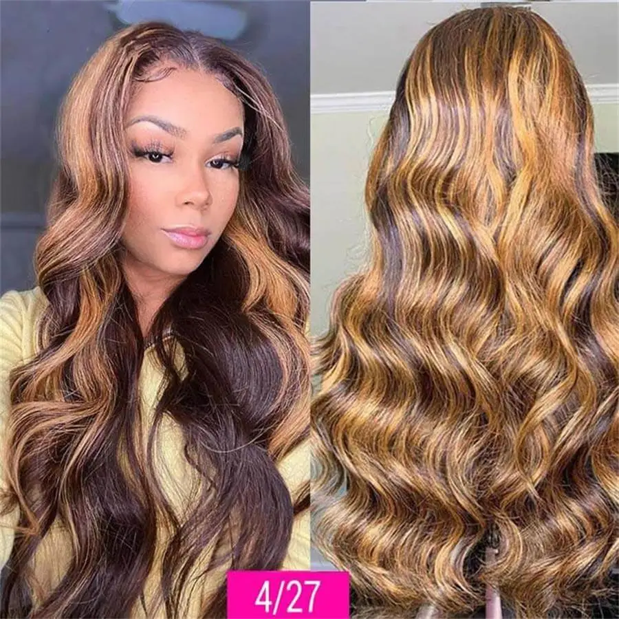 Perruque Lace Front Wig Body Wave Naturelle à Reflets Ombrés, 13x4, HD, 4/27 de Couleur, pour Femme