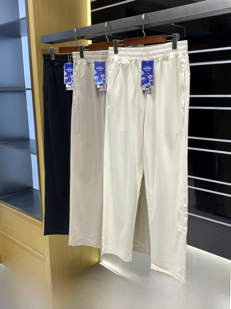Silk-Like Long Velvet Cotton Men's Casual Pants Elastic Waist Straight Leg Spring Autumn New Style Fashionable Urban Basic Color