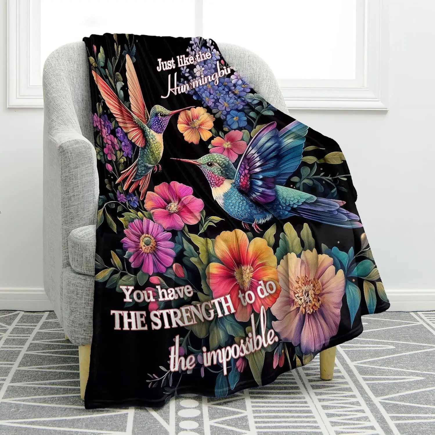 Hummingbird Floral Throw Blanket Retro Colorful Flowers Artistic Nature Theme Unique Home Decor Accessory