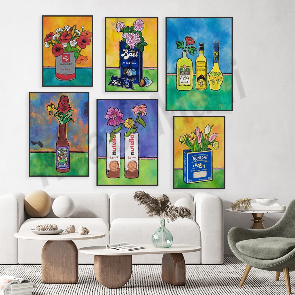 Imprimir latas de cerveza, pintura de amapola y Margarita, planta de arándano, jarra de cerámica francesa, sal gourmet, espresso, poste de bebidas limoncello