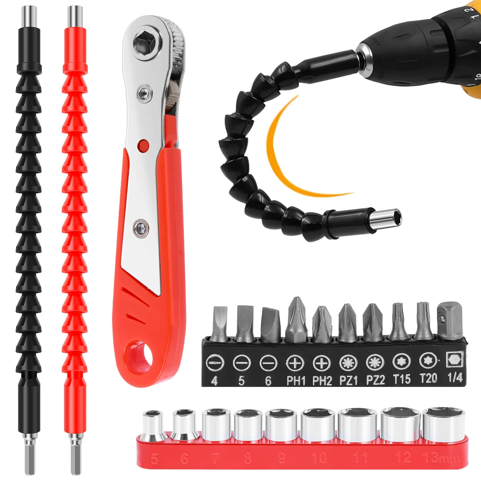 

Drill Bit Extension Kit Multifunctional Bit Set Wrench Sleeves 1/4inch Hex Shank Soft Shaft Screwdriver Extension for Furniture