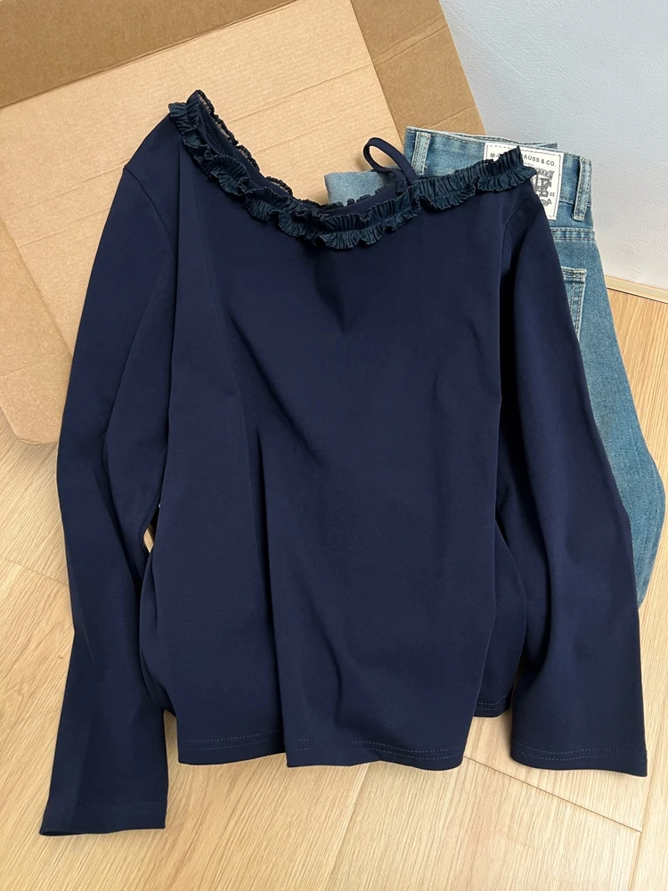 

oulder Bared Long Sve T irt Women's Sli Unique plus Size Slimming Spring New Arrival Korean Sle Commute Faion