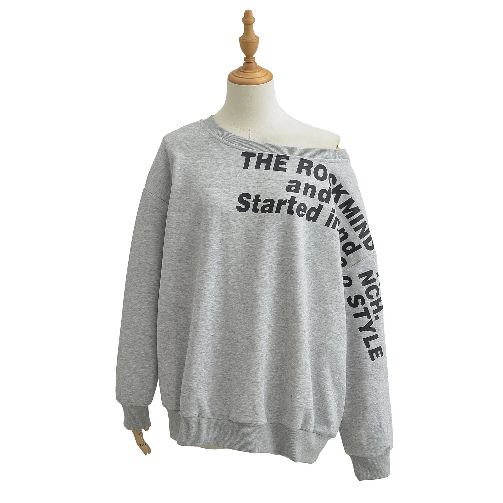 아메리칸 스타일 그레이 오프숄더 스웨트셔츠 여성 봄 가을 신상 루즈핏 레이지 걸 핫 걸 인스타 탑 스트리트웨어