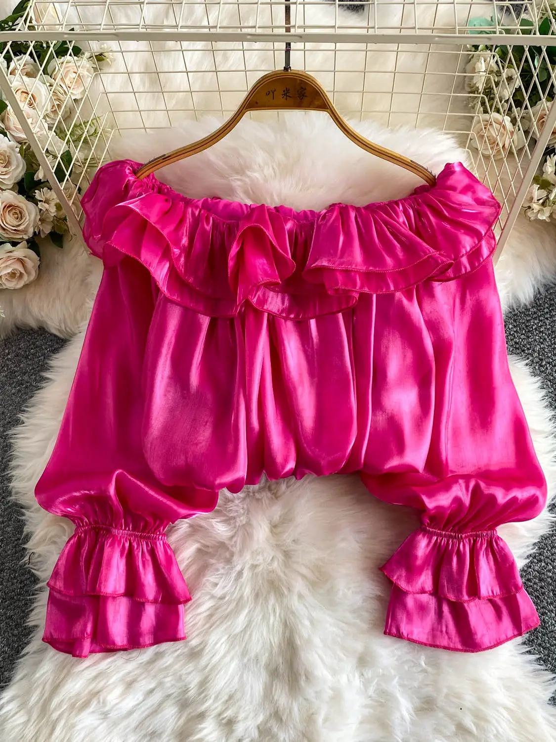 

Women's Rose Red Blouses and Shirts Off Shoulder Flared Sleeve Shirt Luxury Elegant Fashion Ruffled Blouse for Women Summer 2026