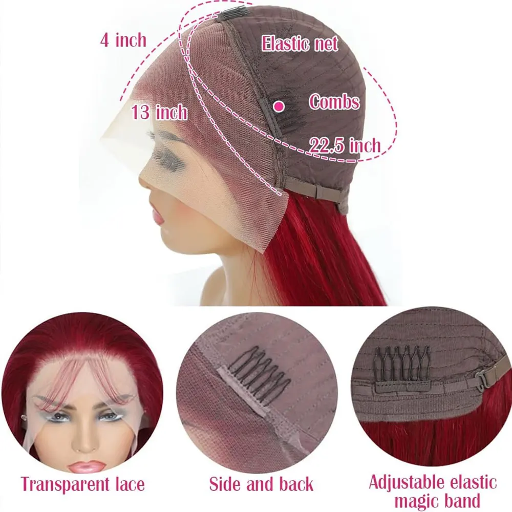 250% 13x4Hd شفافة موجة عميقة شعر مستعار أمامي ملون 99j بورجوندي عميق مجعد الدانتيل الجبهة خصلات الشعر المستعار الإنسان قبل قطعها للنساء