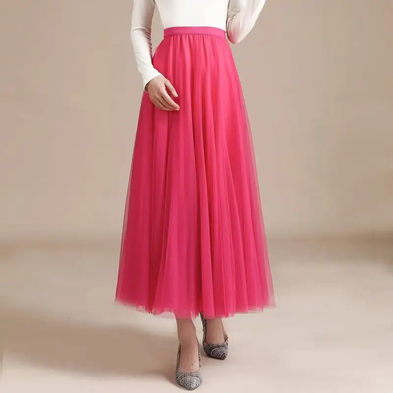 

2025 однотонная сетчатая тюлевая юбка, женская весенне-летняя модная эластичная длинная юбка трапециевидной формы с высокой талией для свадебной вечеринки