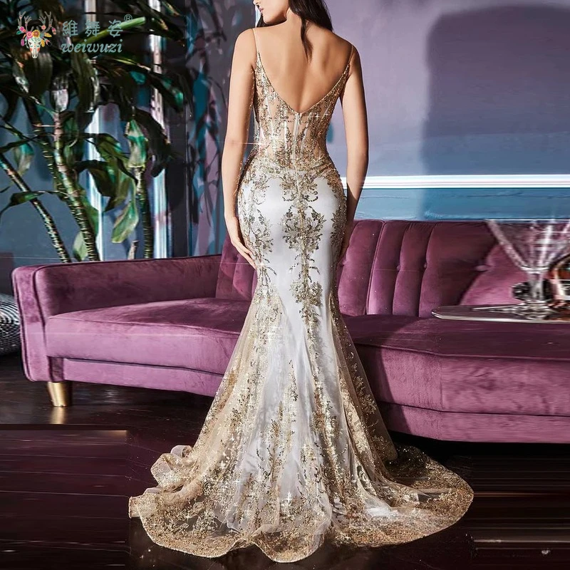 Squisiti abiti da ballo con cinturino per spaghetti Applicazioni scintillanti Sirena con paillettes Abiti da ballo per feste di compleanno sexy di lusso con scollo a V aperto sul retro