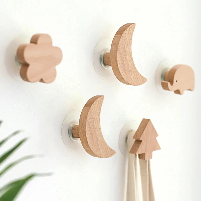 Wooden Drawer Hooks Pulls Animal Moon Star Cloud Hook Wall Keychain Coat Hook Home Wardrobe Wood Hook Hanger Kitchen Accessories