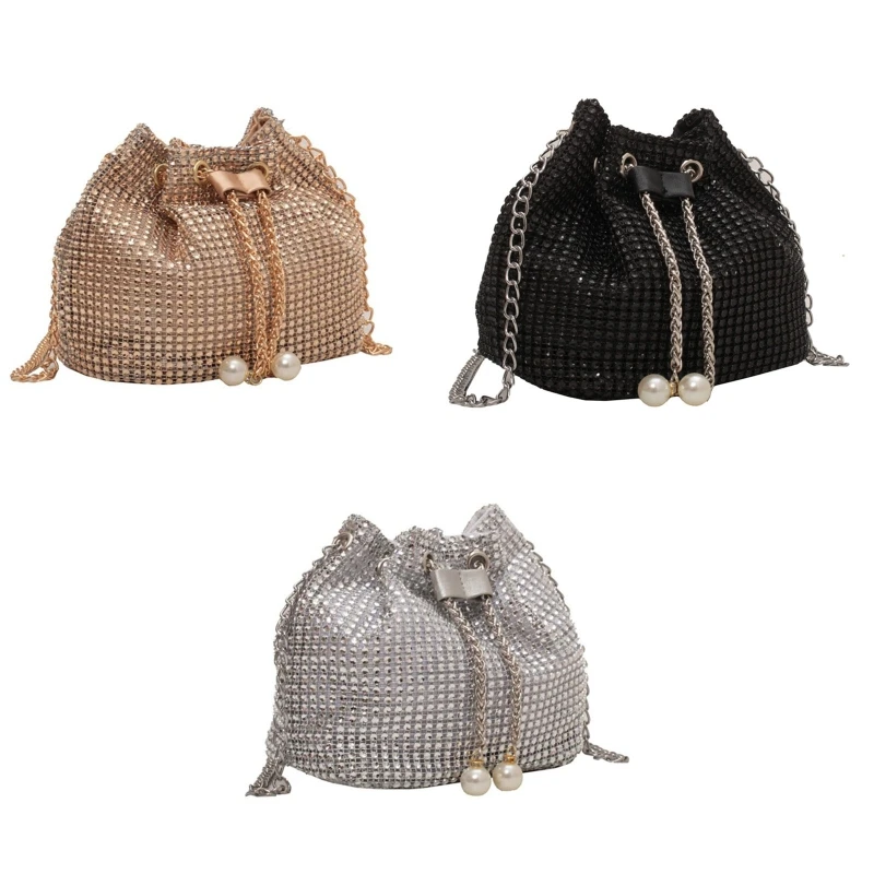 Stylish Rhinestone Bucket Bag Women Fashion Pearl Chain Crossbody Bag Female Solid Color Party Shopping Travel Shoulder Handbag