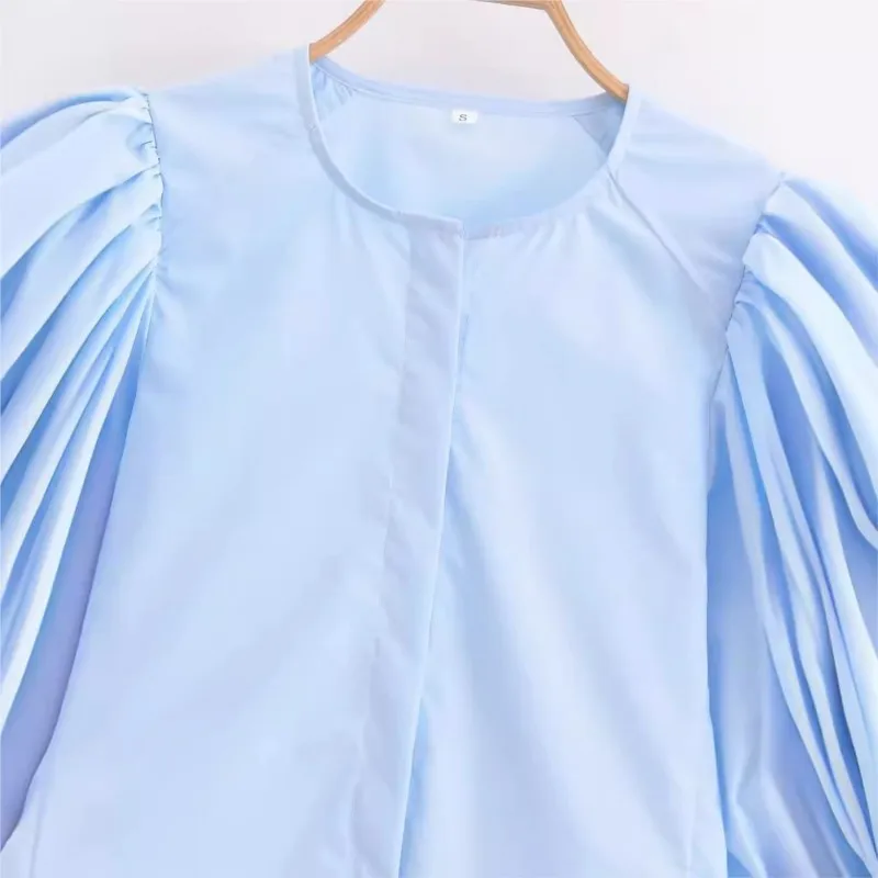 Camisa de manga puffy popeline feminina, top de rua, novo, verão, 2024