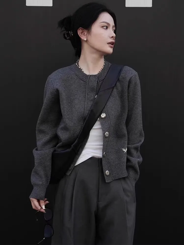 Cardigan en cachemire pur gris 100% de haute qualité pour femme, court, ample, décontracté, Joker, pull tricoté, manteau d'automne et d'hiver