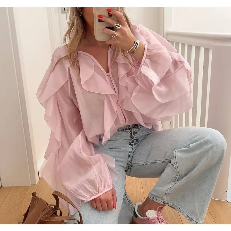 2026fashion High Street Primavera e Autunno Nuove donne Abbigliamento Allentato Casual Temperamento Camicia di colore solido Top Design Increspato Top