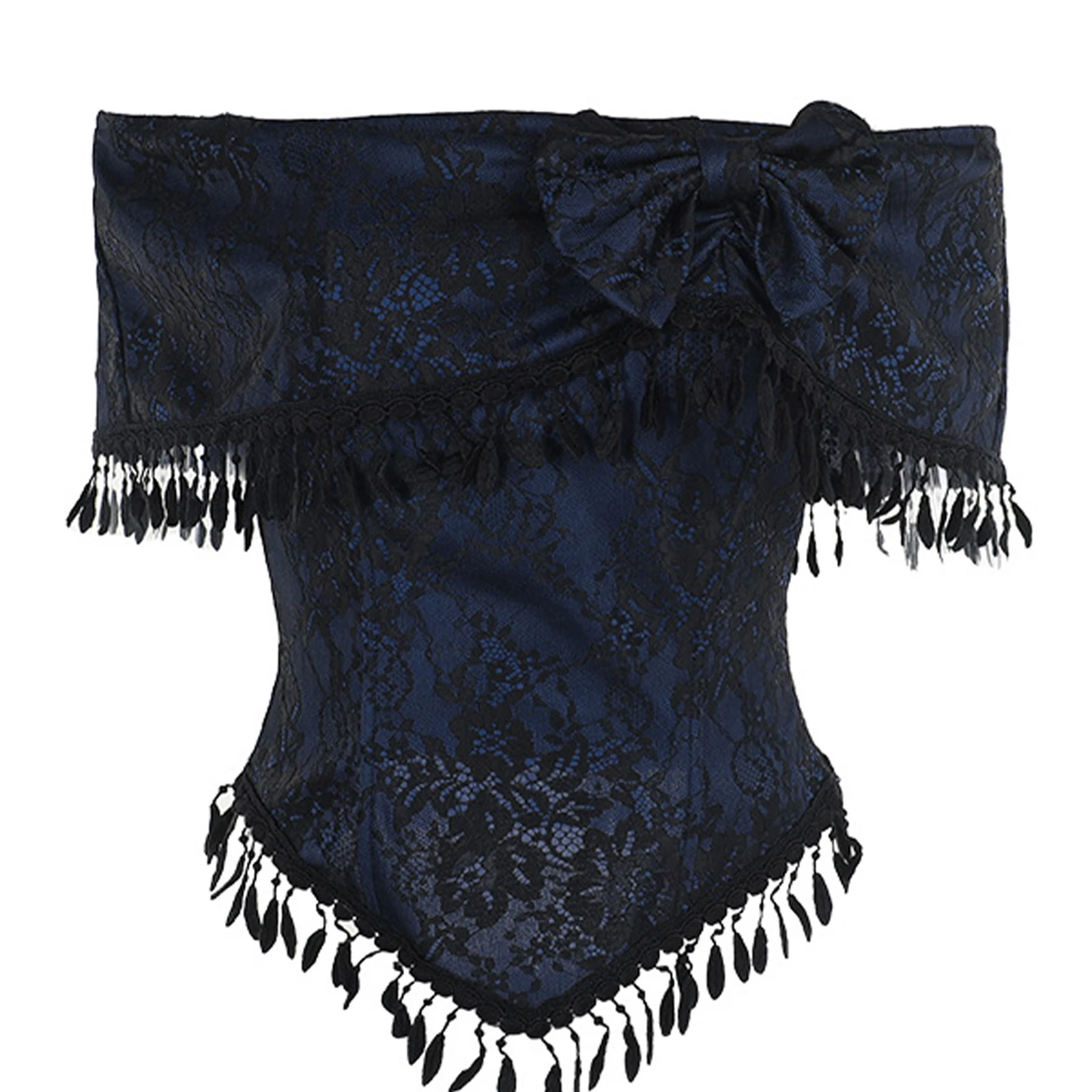 

Women Gothic Irregular Shirts Blouse Off Shoulder Short Sleeve Tassel Trim Floral Lace Shirt Tops Victorian Vampire Cosplay Top