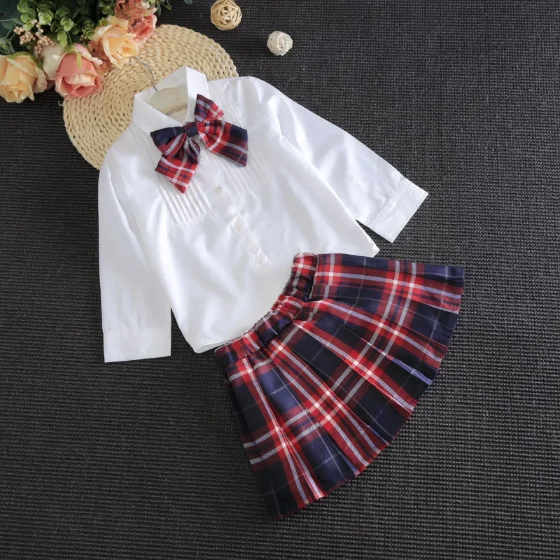 2022 Spring Summer Girl Suit Casual Clothing Autumn British Style Pure White Shirt + Plaid Skirt + Bow Children'S School Uniform