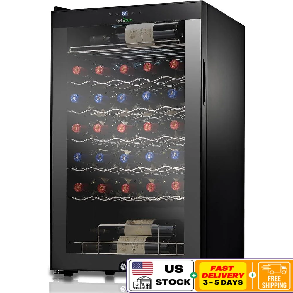 

Однозонный холодильник для вина 34, емкость для бутылок, цифровой контроль температуры, сенсорный экран, винный холодильник, компактный дизайн, бесшумный