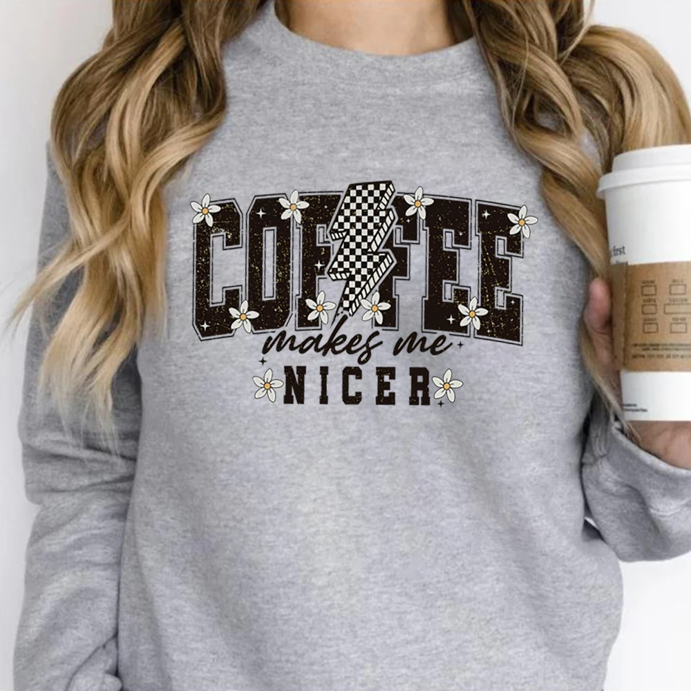 

Coffee Makes Me Nicer Sweatshirt Snarky Sarcastic Coffee Pullover Funny Caffeine Shirt Trendy Womens Overstimulated Retro Tops