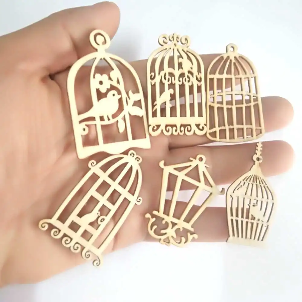 YX1155 10pcs Vintage bird cage Wood Laser Cut Out Natural Wood Pieces Children Handmade Scrapbooking DIY Party Wedding Decor