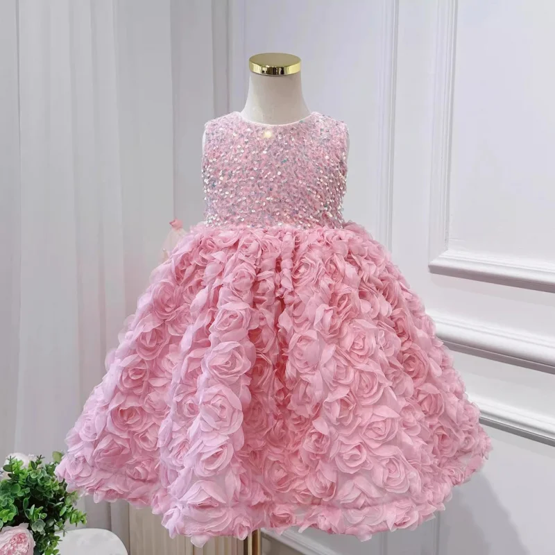 Spring and Summer New Three-Dimensional Flower Design Sweet Princess Dress for Girls Host Poetry Recitation Piano Competition Pu