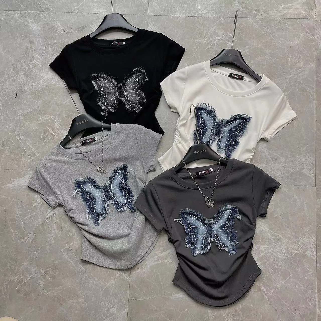 

Girls Summer New 2024 3D Washed Plush Edge Denim Butterfly Korean Folded Solid Color Versatile T-Shirt