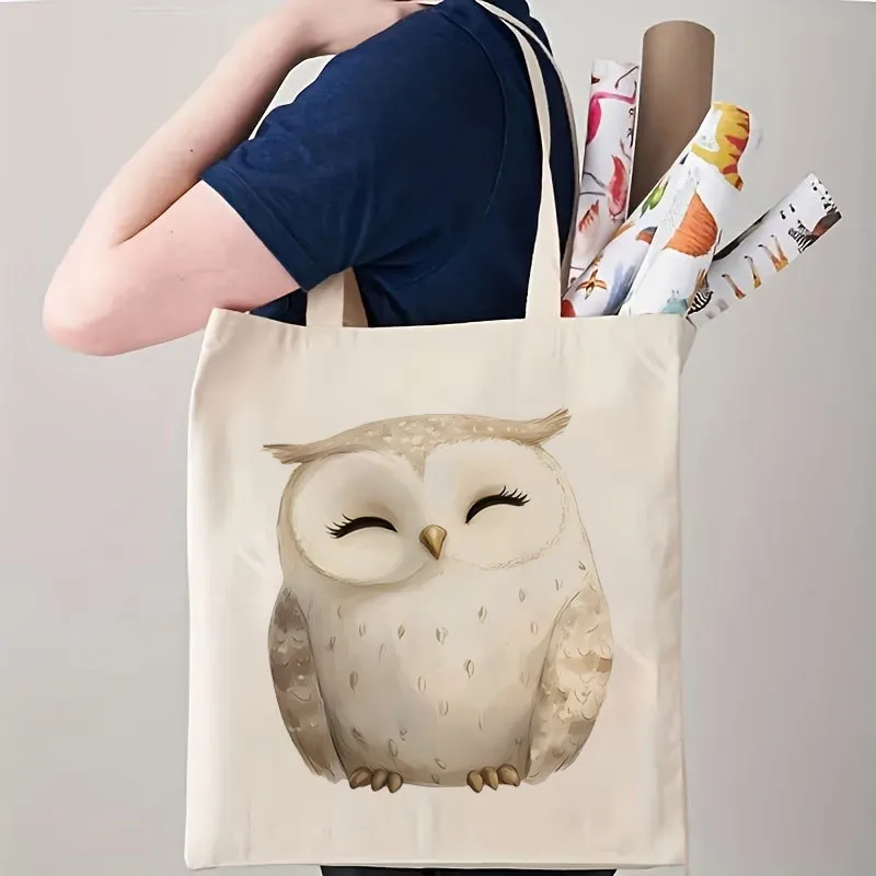 1 Printed Canvas Bag Cute Smiling Owl Unisex Breathable Trucker Driver Portable White Crossbody Bag with Closure. Suitable for T