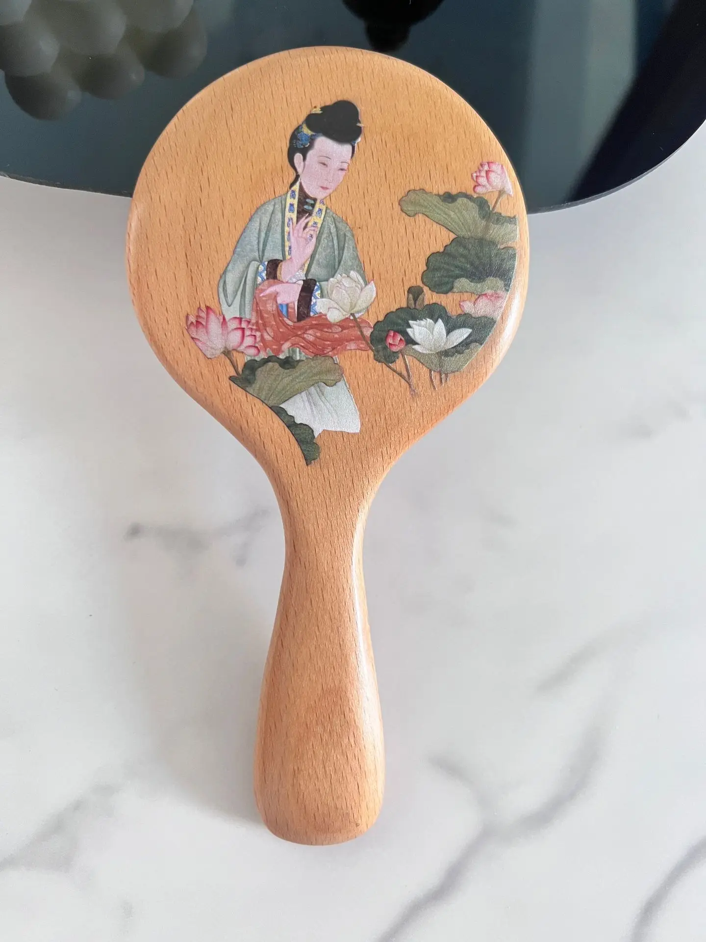 Beech Wood Handle Mirror, Ancient Beauty Picture Mirror, Portable Makeup Remover, Beauty and Makeup Mirror