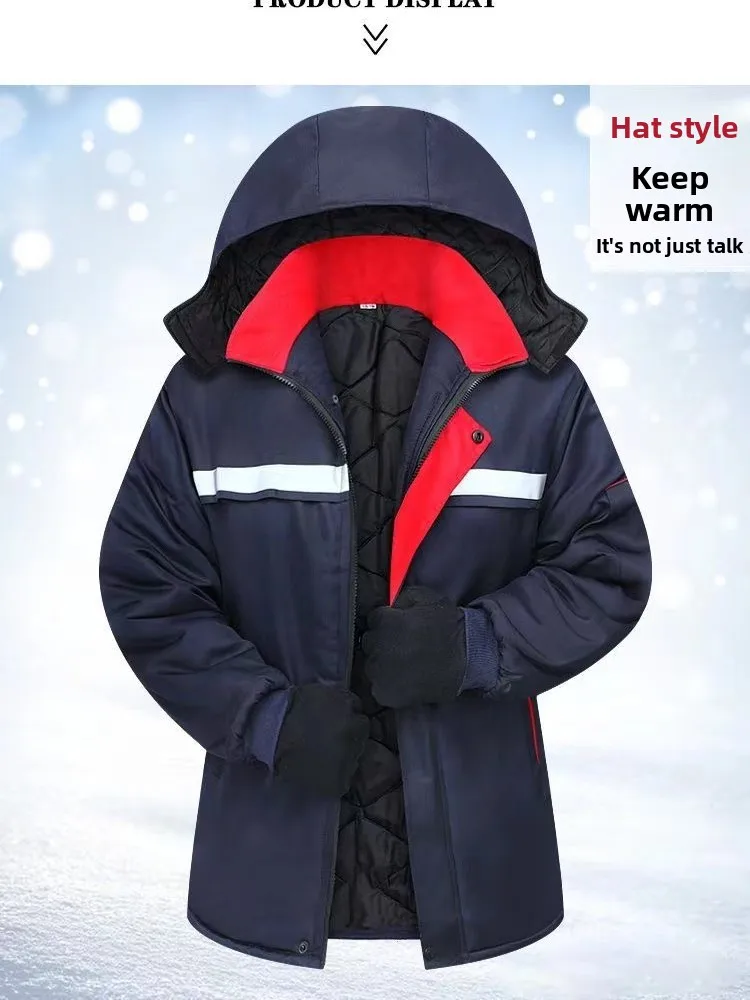 

Thiened Warm Winter Cotton Jaet Men's Workwear Anti-Cold Mid-Length Cotton Coat Busin Sle Zipper Closure Color
