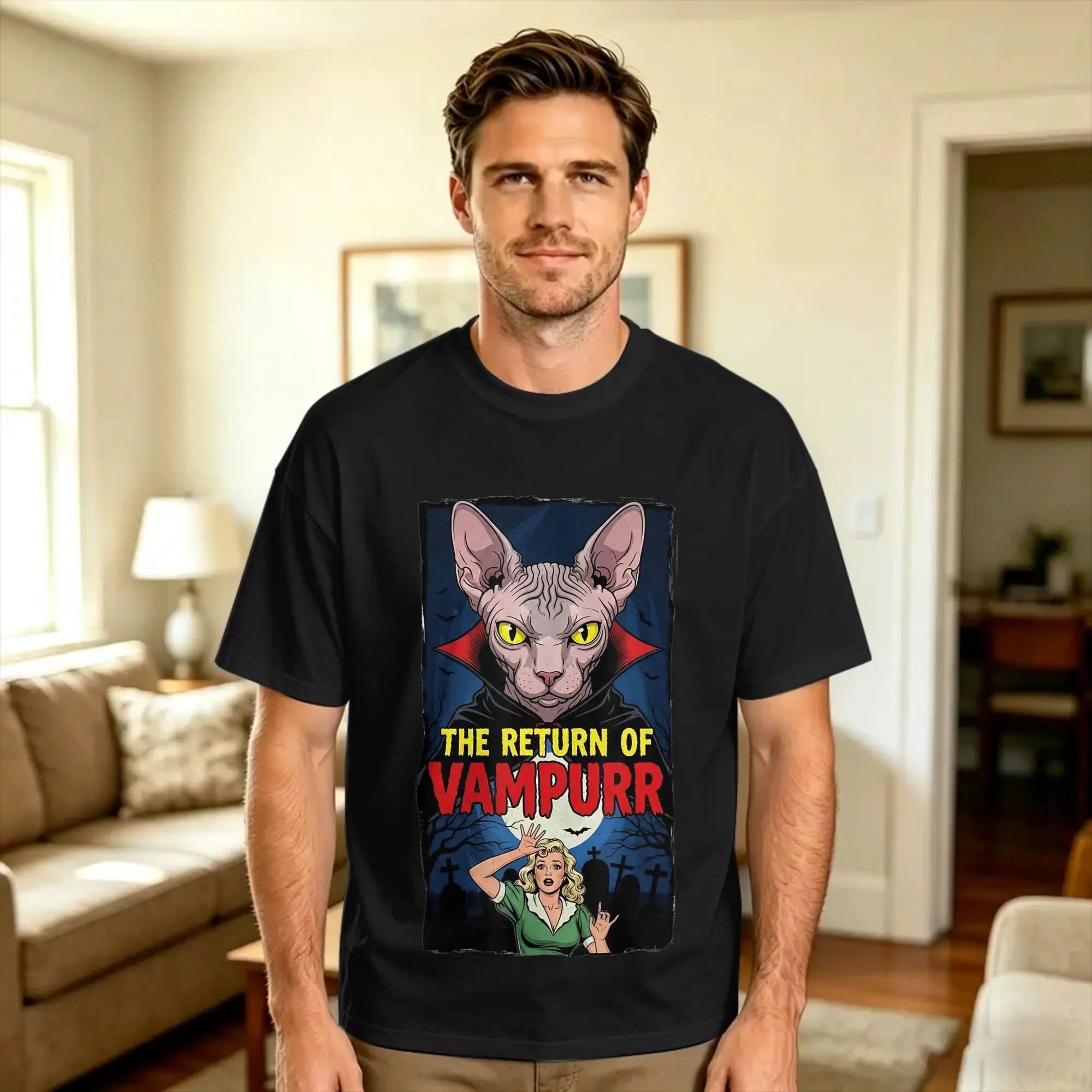 Men's T Shirt The Return of Vampurr Cat Dad Hairless Cat  T-Shirts Fashion  Summer Tees Classic Cotton Clothes Plus Size 6XL