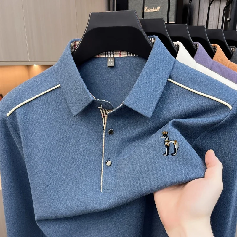 Luxury Brand Men's Embroidery Print Polo Shirt Autumn New Solid Color Long Sleeved Lapel T-shirt Fashion Business Men's Clothing