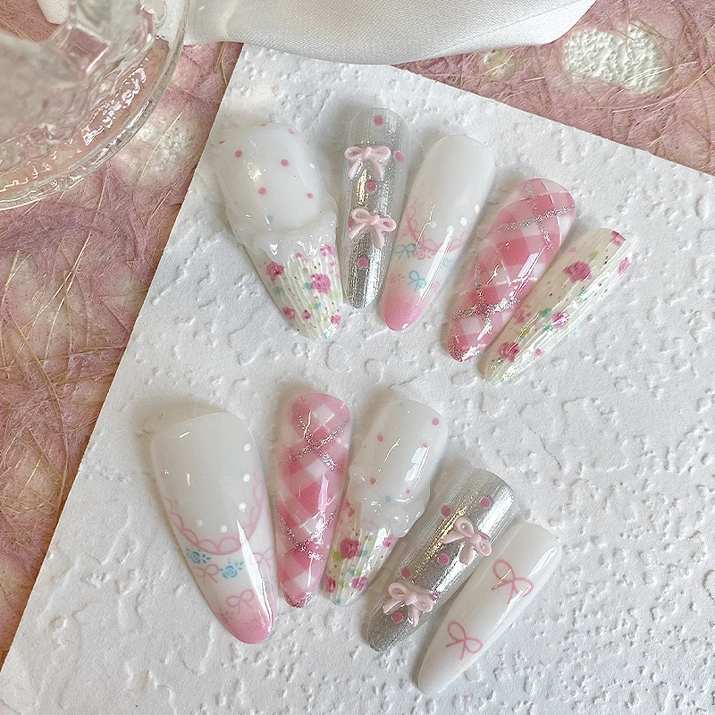 10 قطع من الأظافر البيضاوية الطويلة المضغوطة يدويًا، أظافر صناعية جميلة، وردي وأبيض، فيونكة لطيفة، مناسبة للاستخدام للنساء