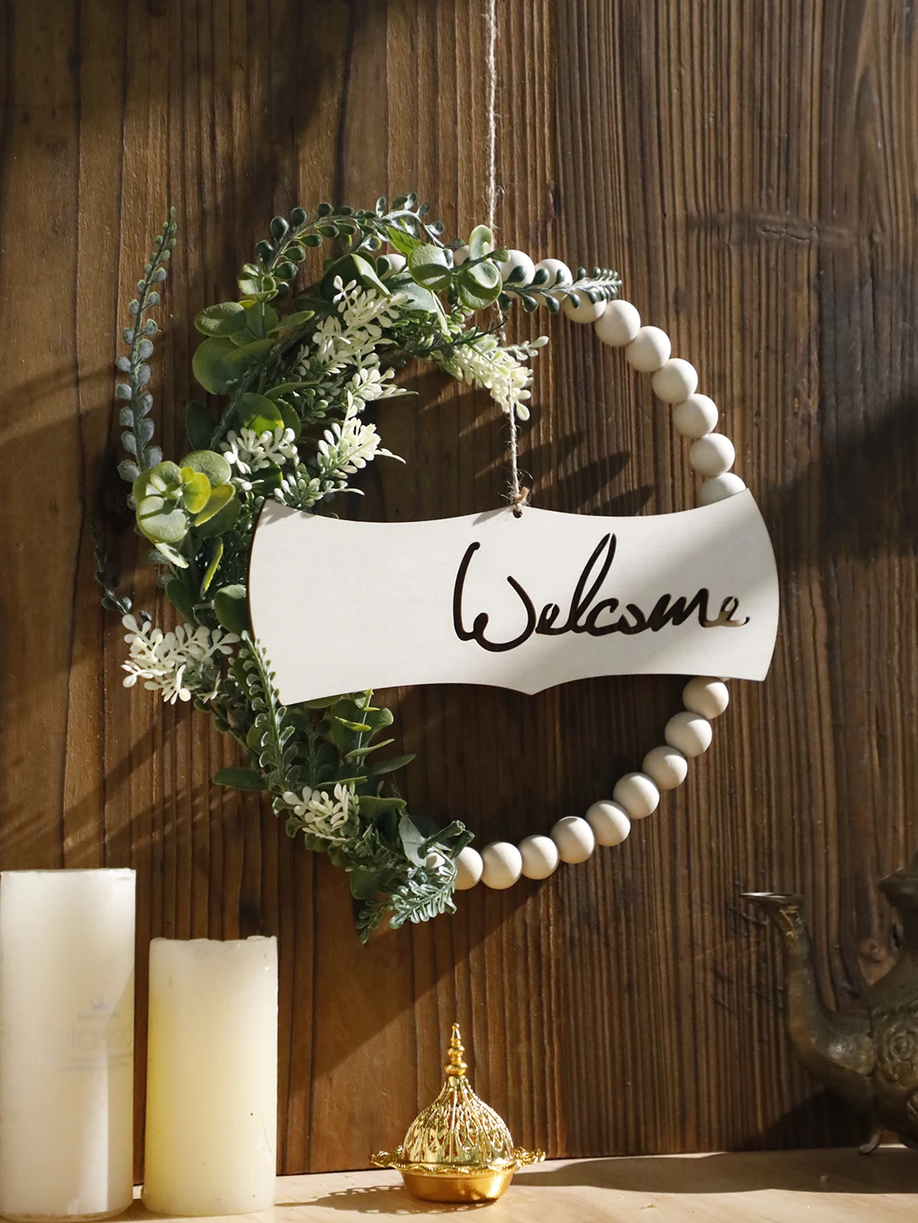 1Pc Wooden Bead Ring Ramadan Festival Wooden Doorplate Wreath Decoration Wreath Hanging Ornaments Spring Garden Decoration